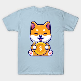 Cute Shiba Inu Holding Gold Coin Cartoon T-Shirt